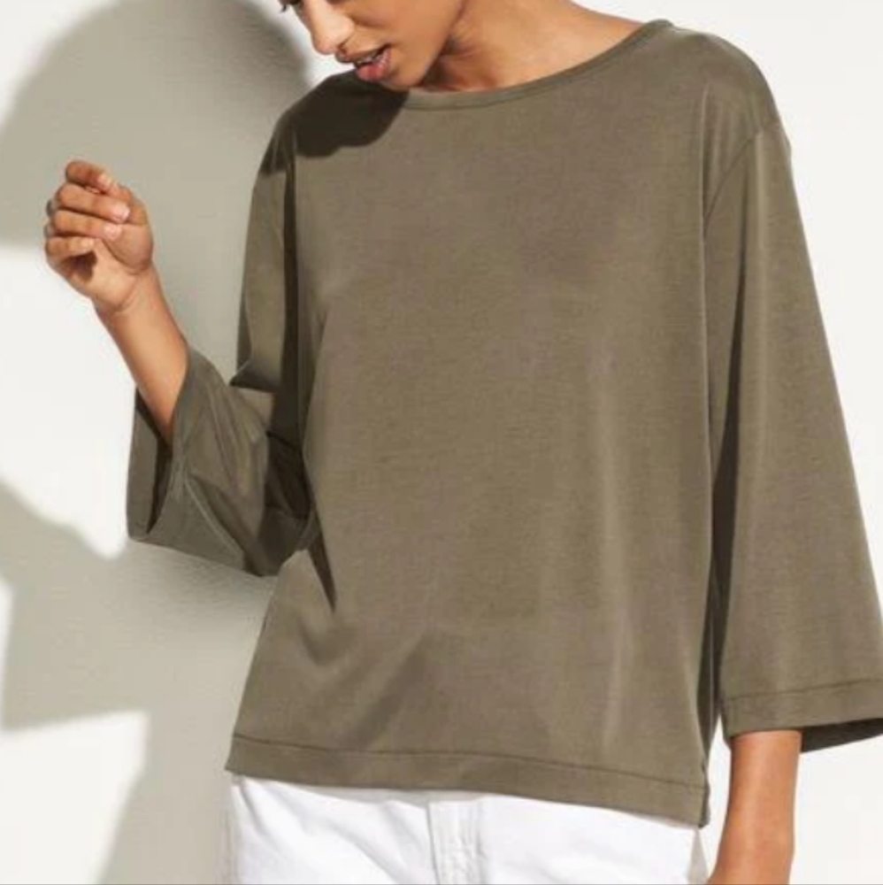 Vince Stretchy Open Tie Back Olive Green Crewneck Blouse Sz S Lagenlook Flowy